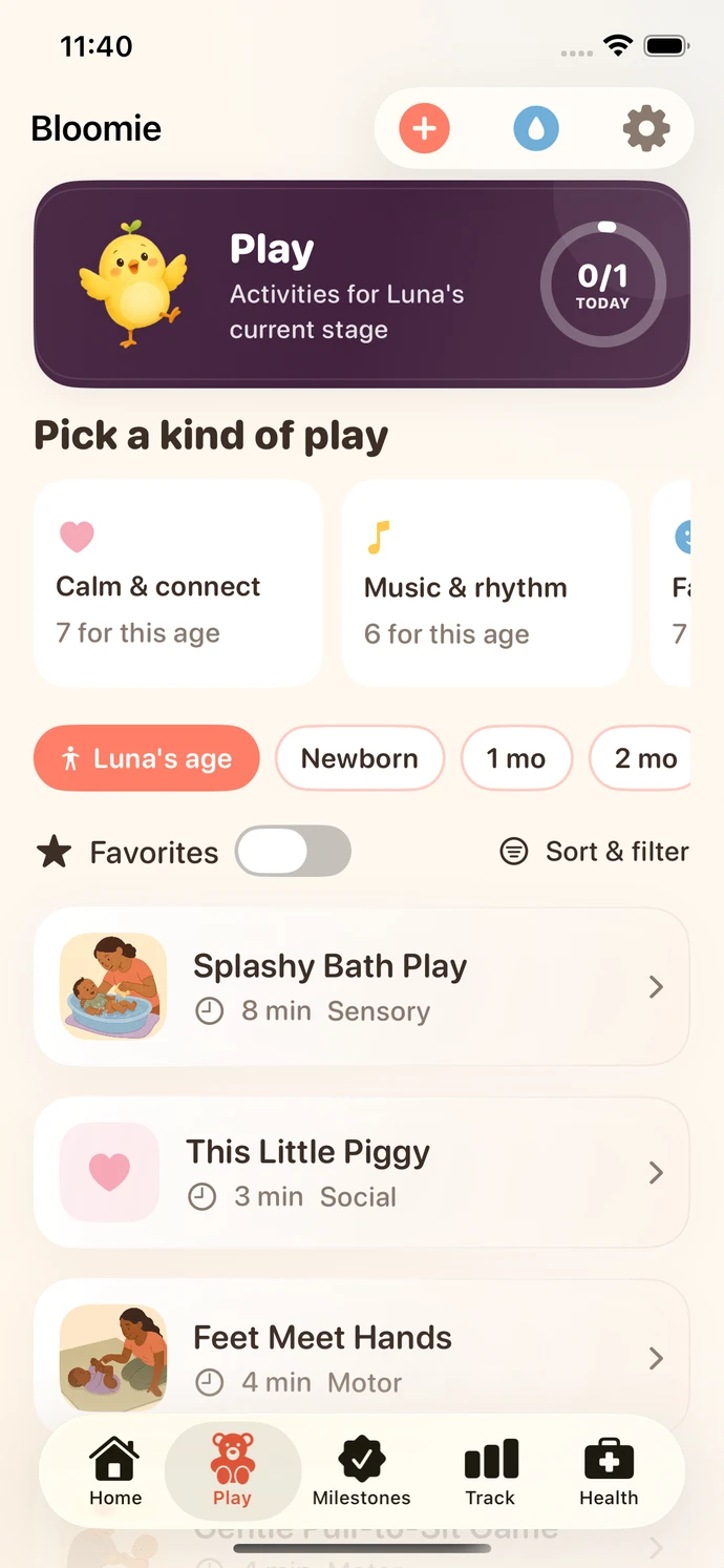 Bloomie activity library with kinds of play and ideas for baby's age