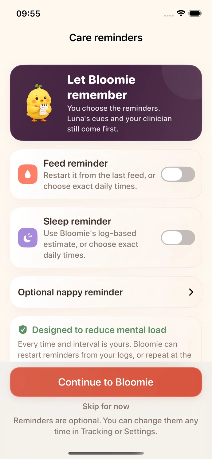 Bloomie Care Reminders screen