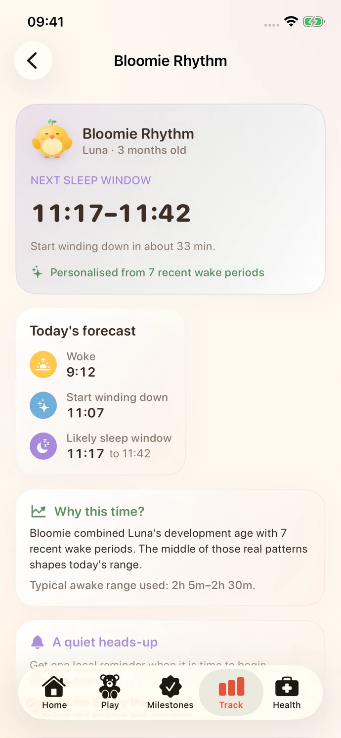 Bloomie Rhythm next sleep window and the recent logs behind its estimate