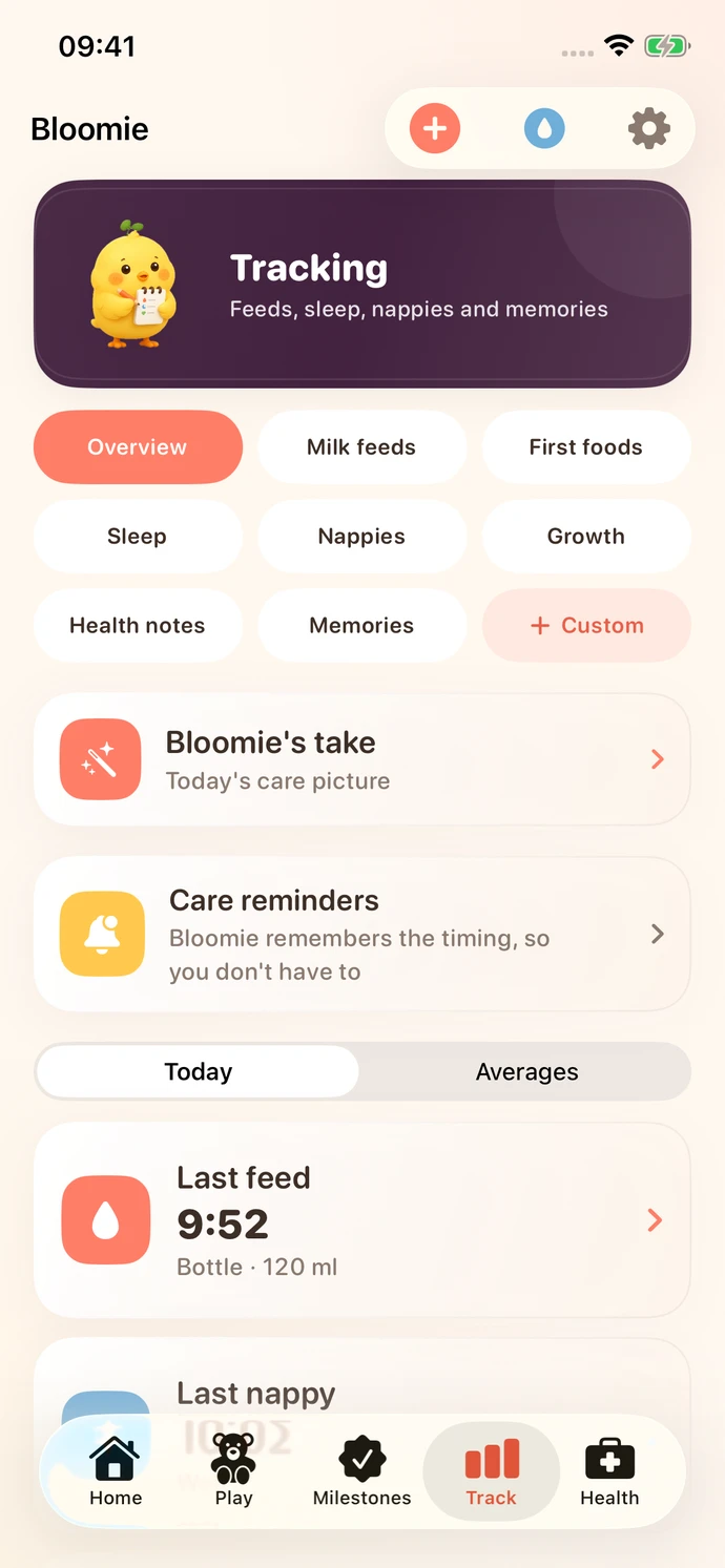 Bloomie tracking overview with care categories, Bloomie's take and reminders