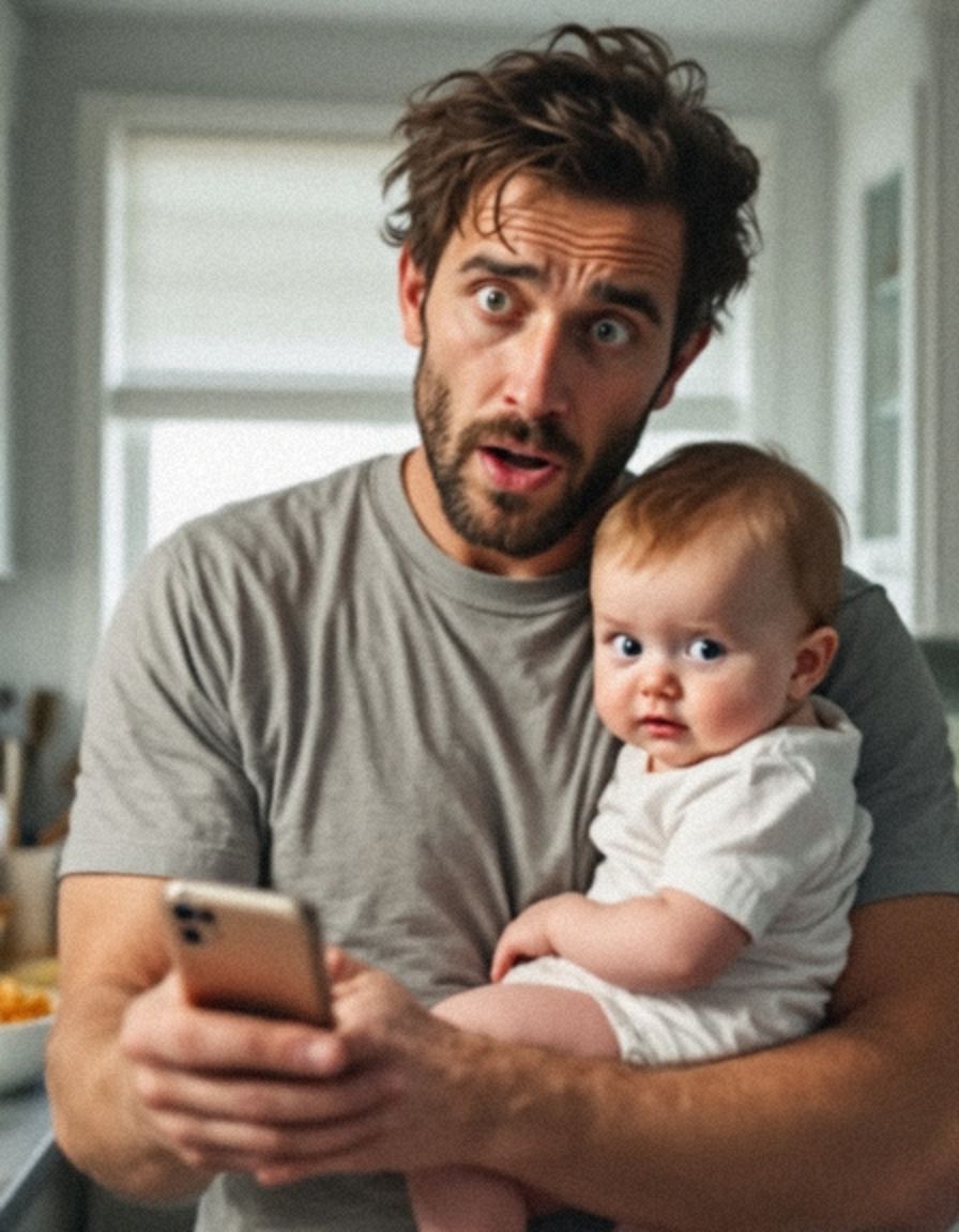Dad with baby talking to camera