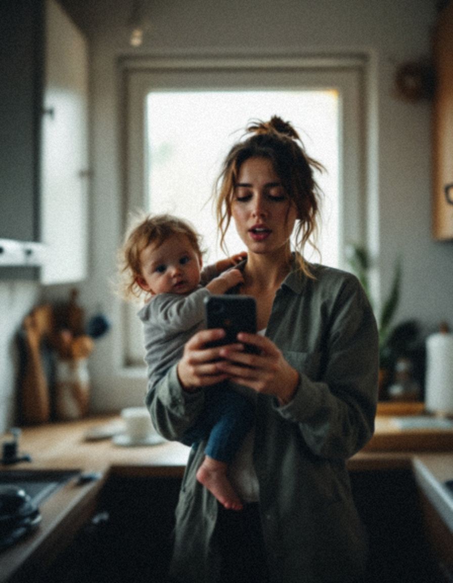 Mum filming herself with baby on hip