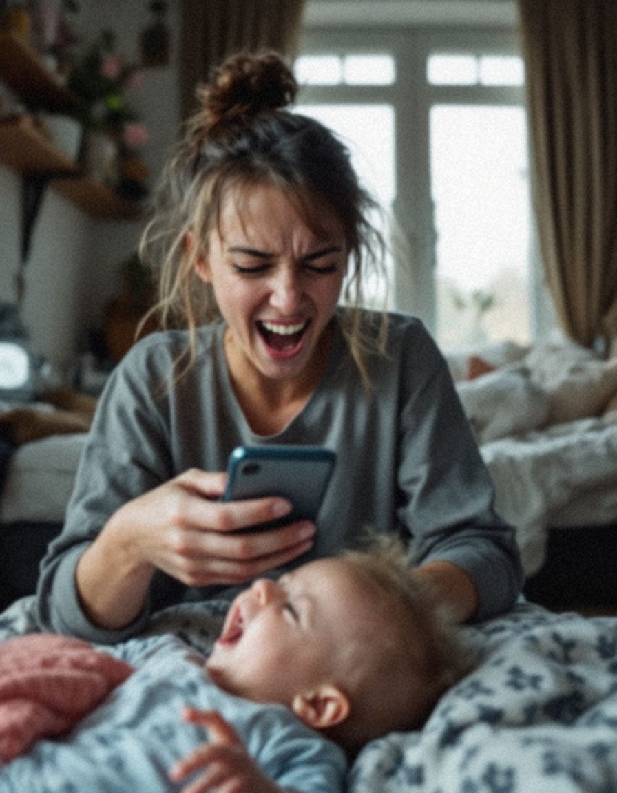 Mum laughing on camera, baby at her feet