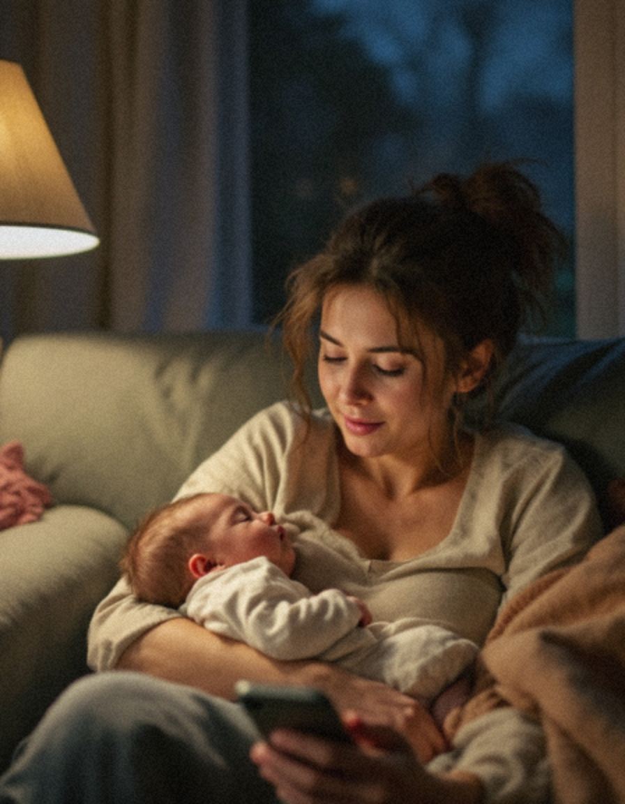 Mum filming quietly at night with newborn